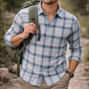 prAna Plaid Button Down Shirt Mens M Blue Gray Casual Outdoor